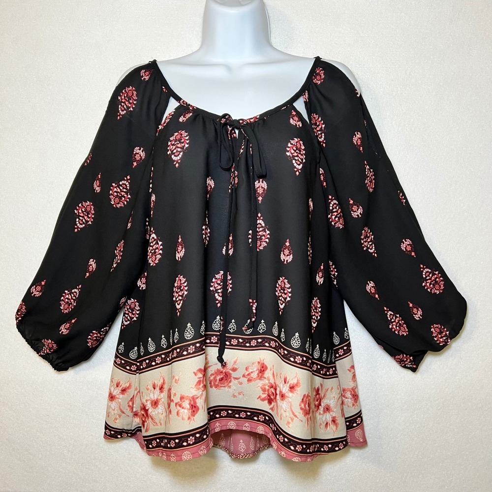 Liberty Love Black Floral Cold Shoulder Boho Peasant Dainty Cottage Hippie Top L